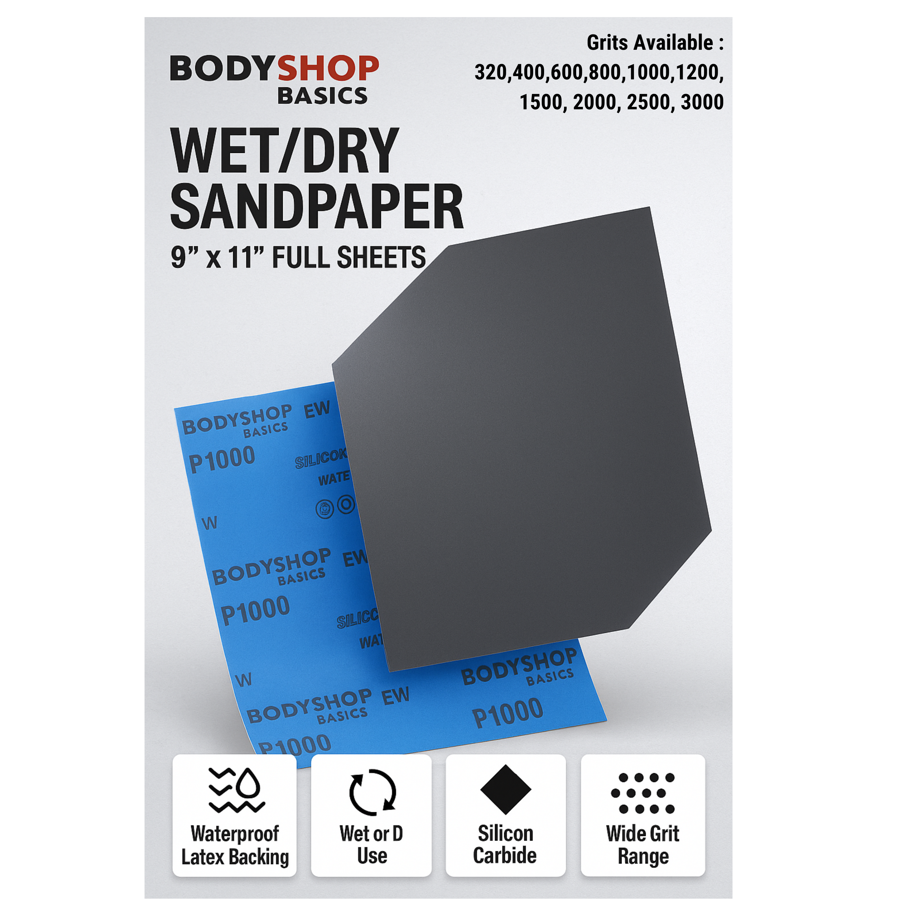 Wet/Dry Sanding Sheets 9"x11" Fine Grit Waterproof - Detail View | UnitedFinish.com