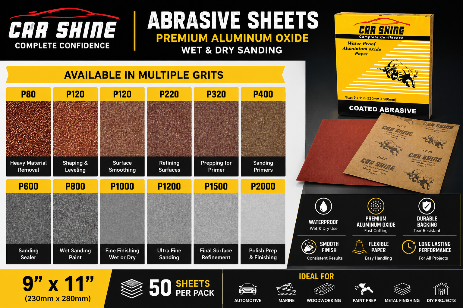 Car Shine Waterproof Abrasive Sheets 9" x 11" – Premium Aluminum Oxide Sandpaper for Wet & Dry Sanding – Automotive, Wood & Metal Finishing – 50 Sheets/Pack – Multiple Grits