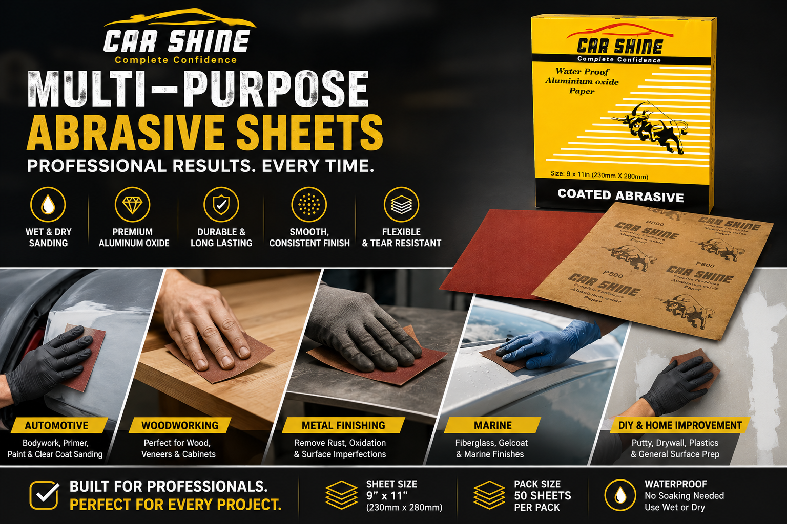 Car Shine Waterproof Abrasive Sheets 9" x 11" – Premium Aluminum Oxide Sandpaper for Wet & Dry Sanding – Automotive, Wood & Metal Finishing – 50 Sheets/Pack – Multiple Grits