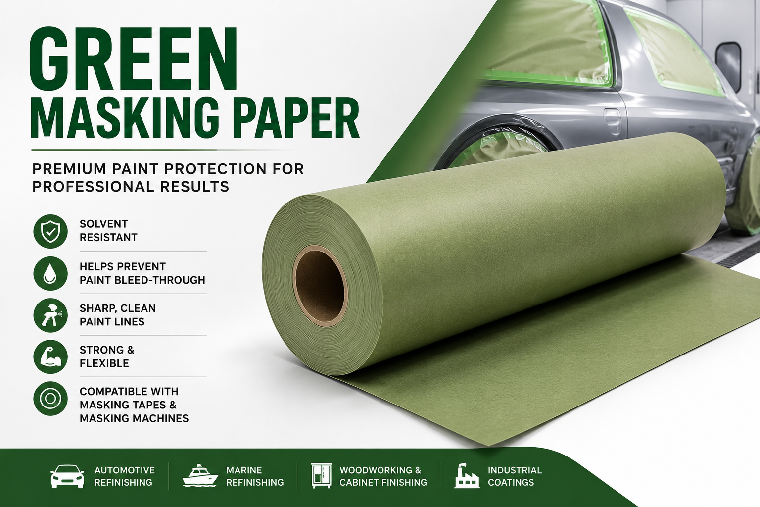 Green Automotive Masking Paper Roll – Solvent Resistant Paint Protection Paper for Auto Body & Industrial Finishing