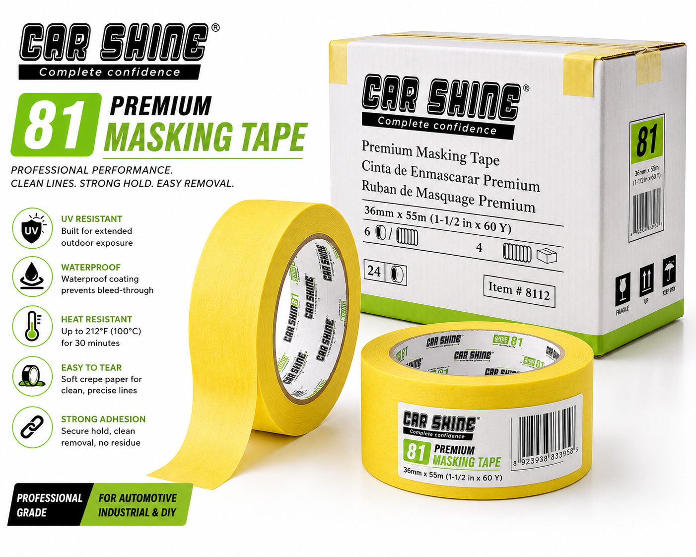 Car Shine 81 Premium Automotive Masking Tape – UV Resistant, Waterproof Crepe Paper Tape, Clean Removal, Professional Refinish & Paint Masking,, 8121