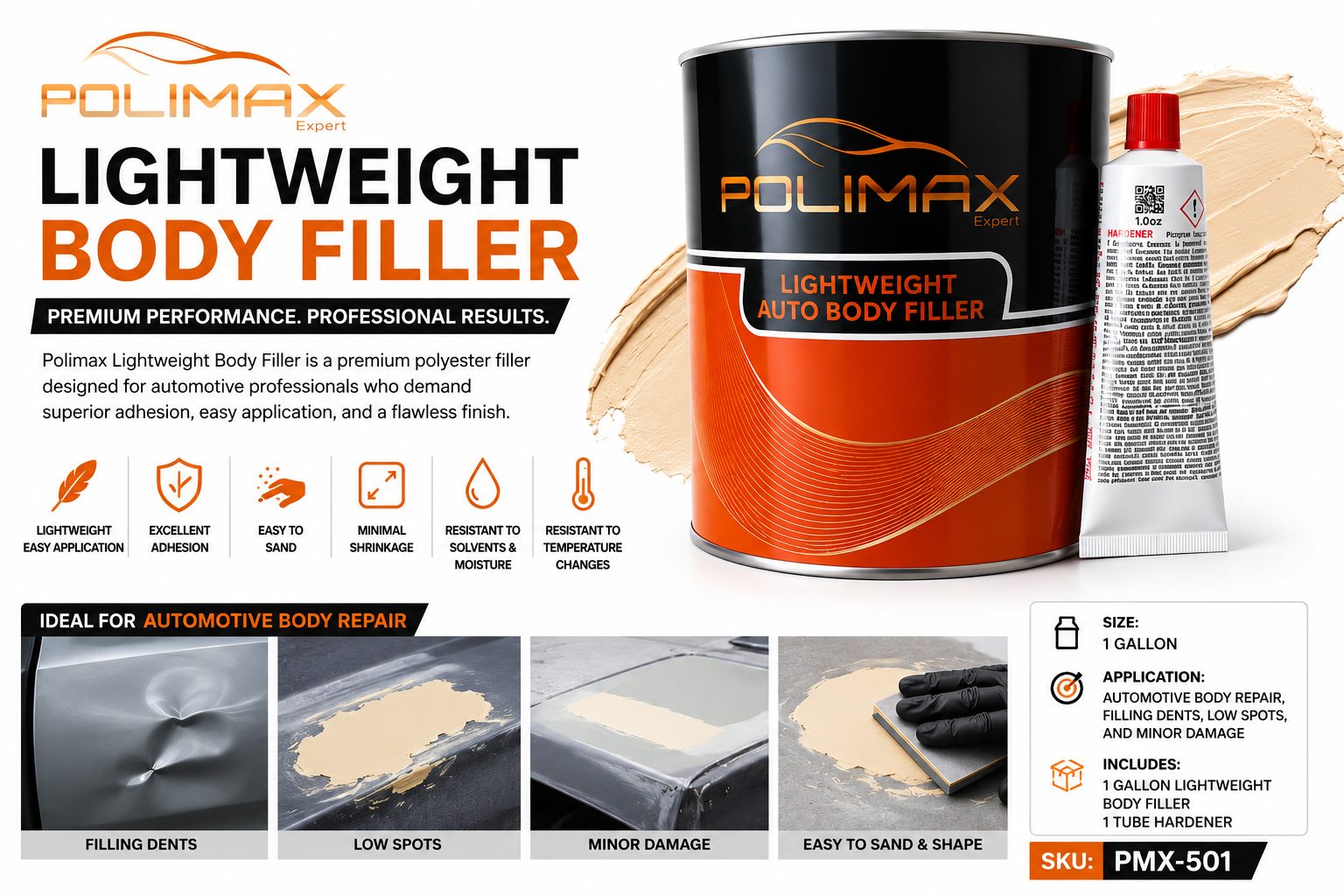Polimax Lightweight Body Filler, 1 Gal