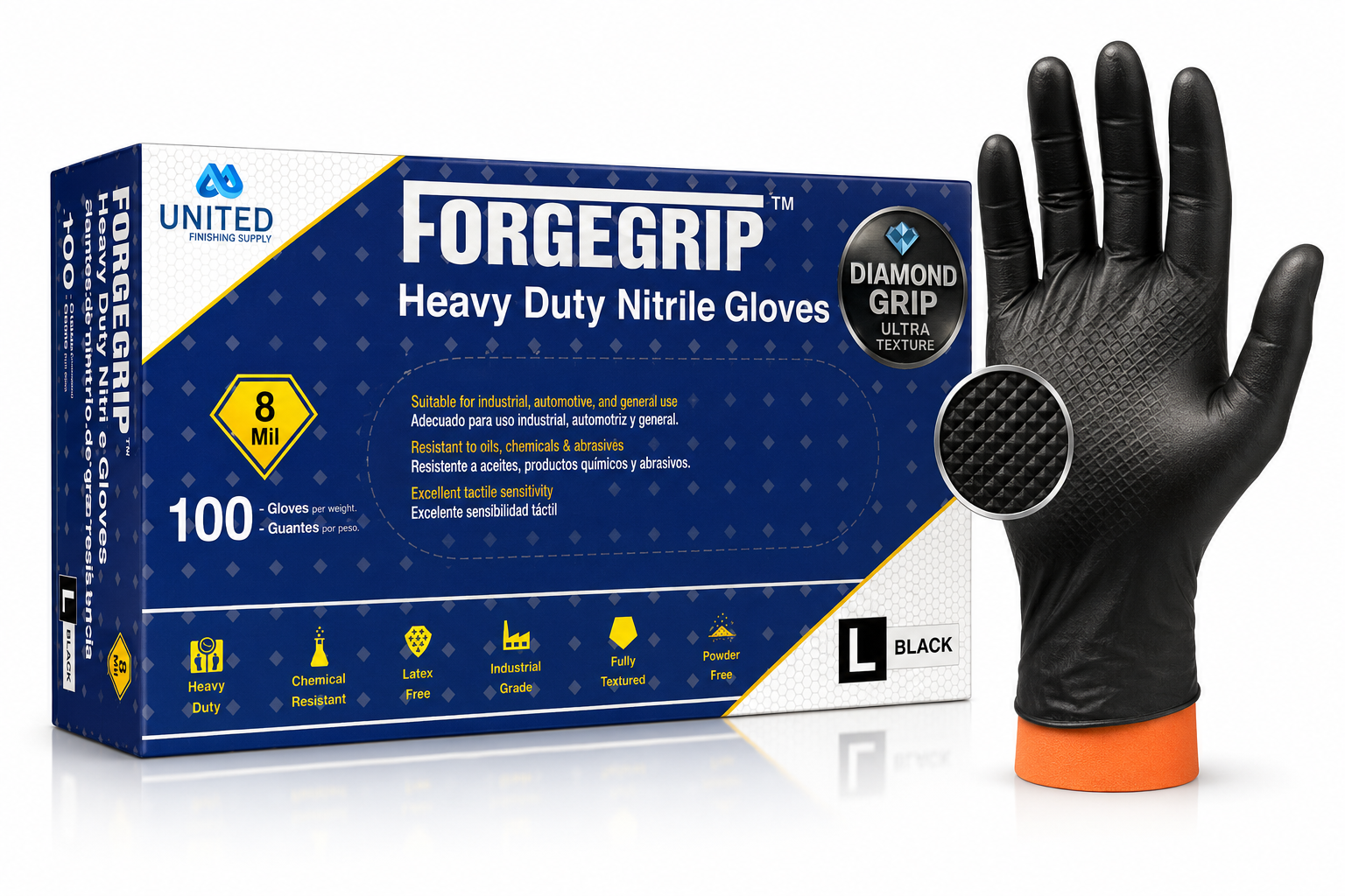 FORGEGRIP™ 8 Mil Heavy Duty Black Nitrile Gloves – Diamond Grip – Powder Free – 100 Count