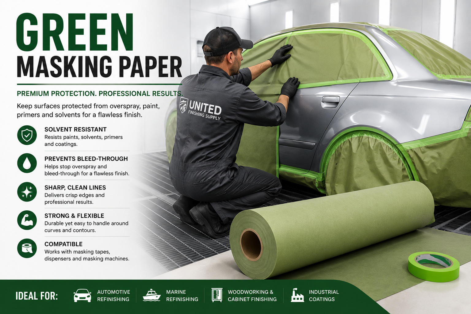 Green Automotive Masking Paper Roll – Solvent Resistant Paint Protection Paper for Auto Body & Industrial Finishing