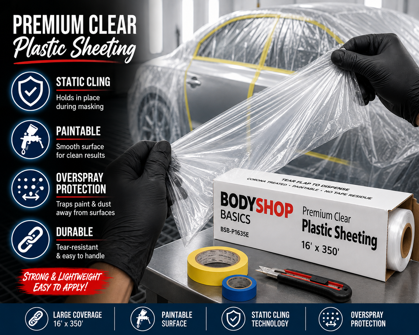 BodyShop Basics Premium Clear Plastic Sheeting 16 ft x 350 ft – Automotive Paint Masking Film for Collision Repair & Refinishing,BSB-P1635E