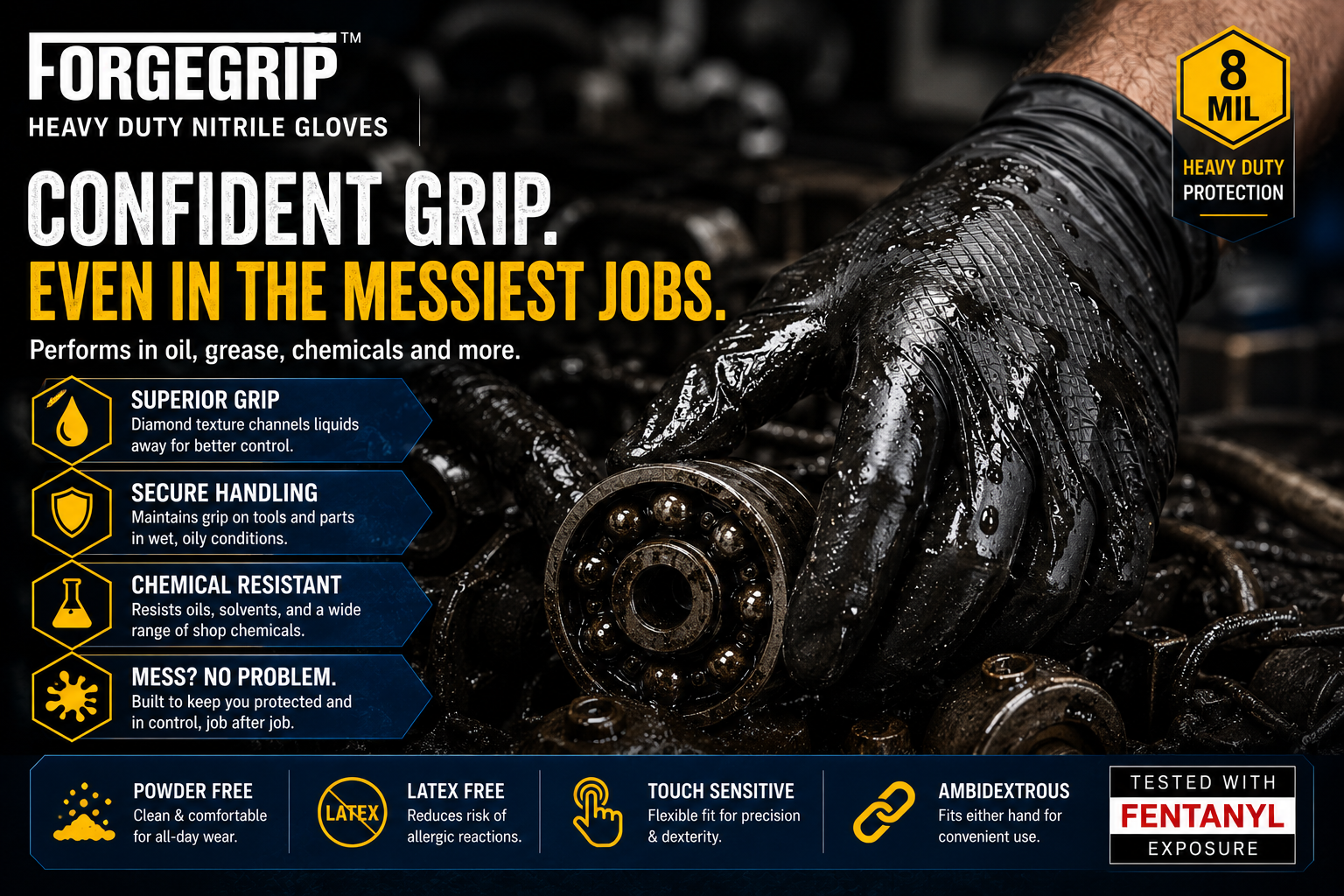 FORGEGRIP™ 8 Mil Heavy Duty Black Nitrile Gloves – Diamond Grip – Powder Free – 100 Count