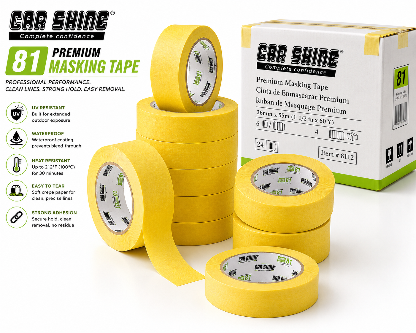 Car Shine 81 Premium Automotive Masking Tape – UV Resistant, Waterproof Crepe Paper Tape, Clean Removal, Professional Refinish & Paint Masking,, 8121