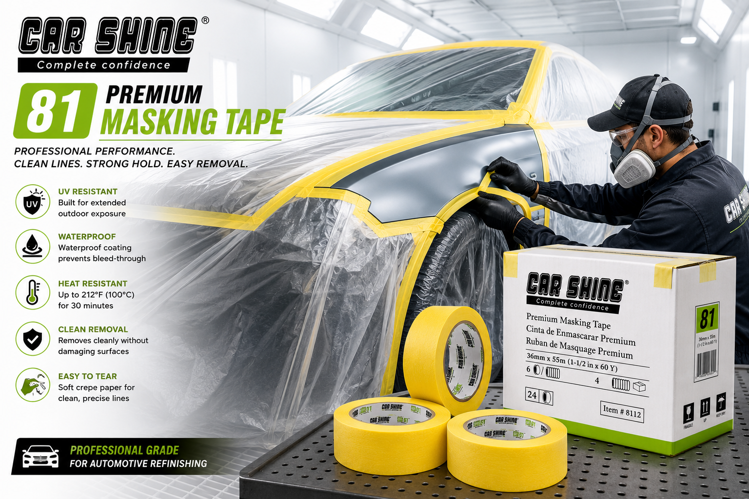 Car Shine 81 Premium Automotive Masking Tape – UV Resistant, Waterproof Crepe Paper Tape, Clean Removal, Professional Refinish & Paint Masking,, 8121