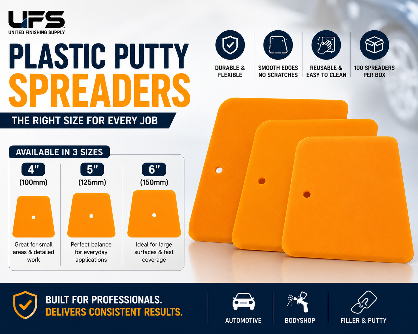 Plastic Putty Spreaders 100 pcs/Box – Flexible Body Filler & Glaze Applicators (4" / 5" / 6")