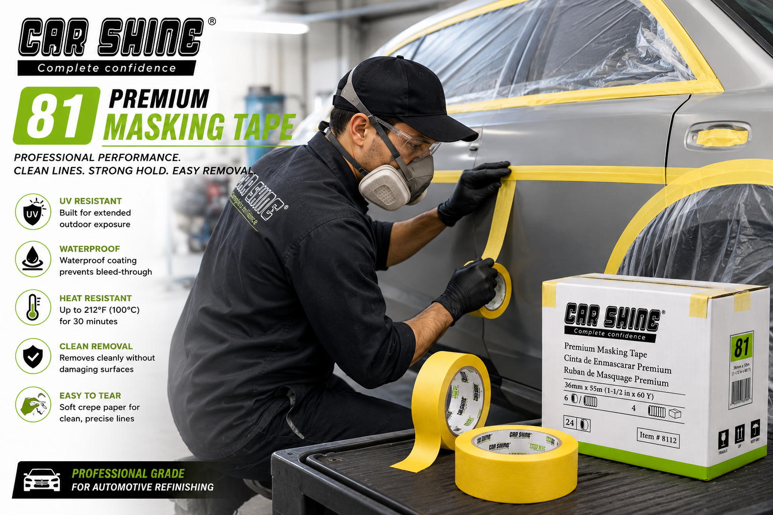 Car Shine 81 Premium Automotive Masking Tape – UV Resistant, Waterproof Crepe Paper Tape, Clean Removal, Professional Refinish & Paint Masking,, 8121