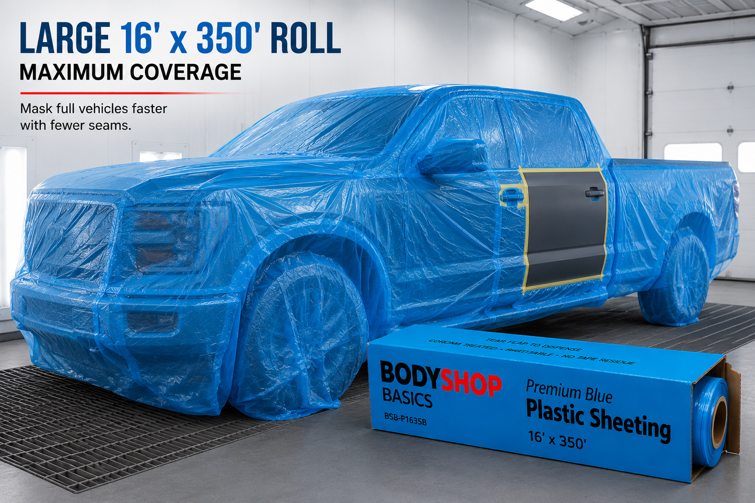 BodyShop Basics Premium Blue Plastic Sheeting 16 ft x 350 ft – Automotive Paint Masking Film for Collision Repair & Refinishing,BSB-P1635B