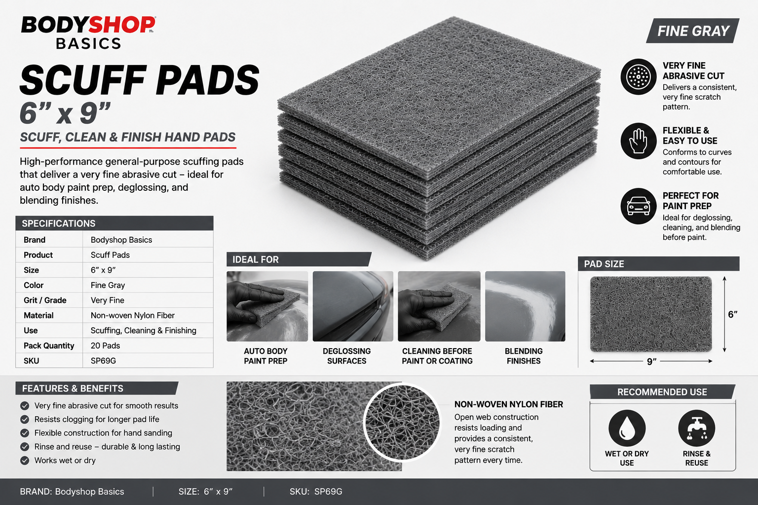 BSB Scuff Pads 6x9 inch (Fine Gray),SP69G