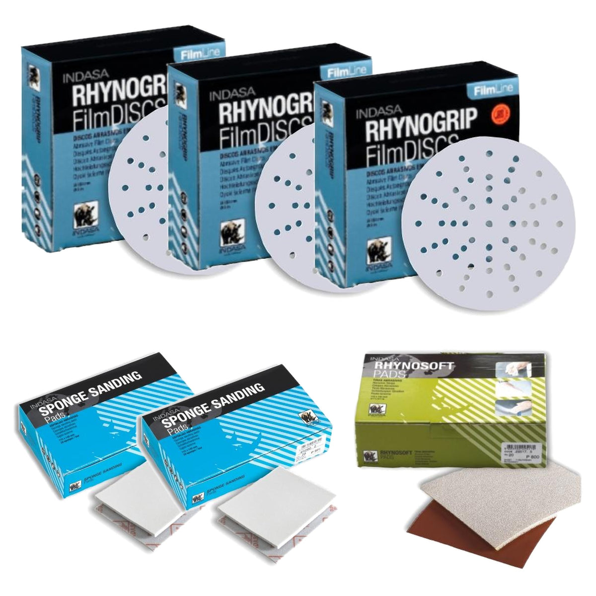 Paint prep sanding kit - Indasa FilmLine 6 inch multi-hole discs, sponge pads and Rhynosoft pads