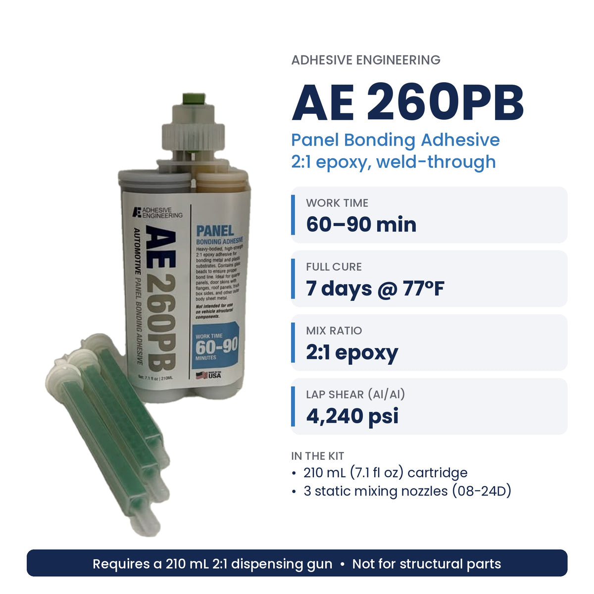 Adhesive Engineering AE 260PB Automotive Panel Bonding Adhesive, 2:1 Epoxy – 210 mL Kit with 3 Mixing Nozzles