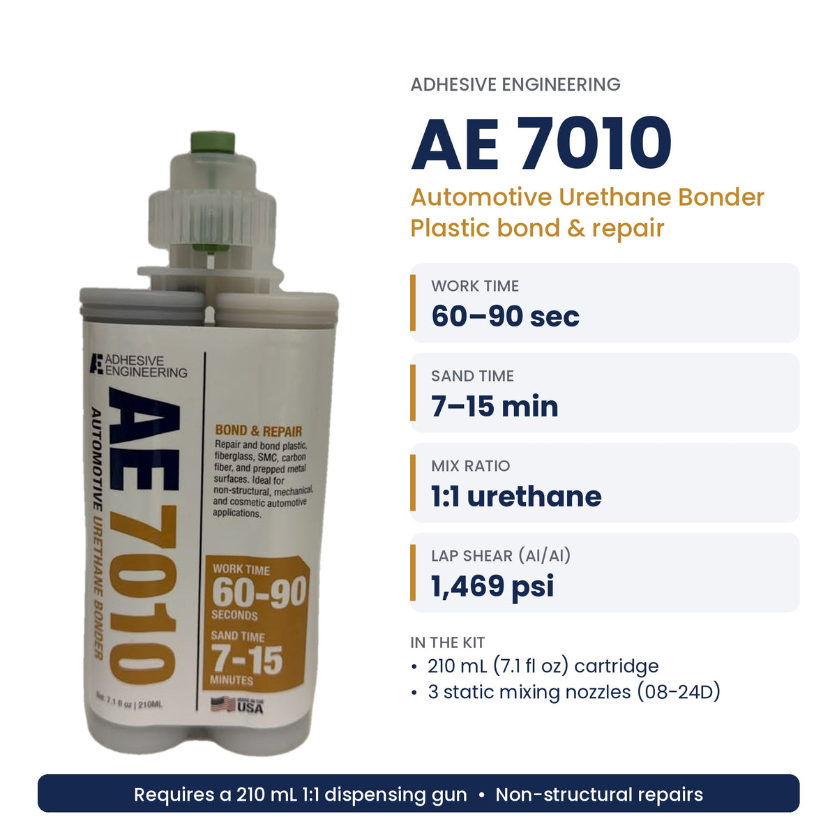 Adhesive Engineering AE 7010 Automotive Urethane Bonder – 210 mL Cartridge Kit with 3 Mixing Nozzles