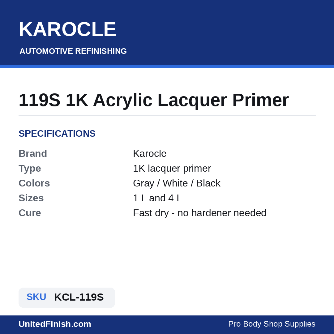 Karocle 119S 1K Acrylic Primer specifications and SKU