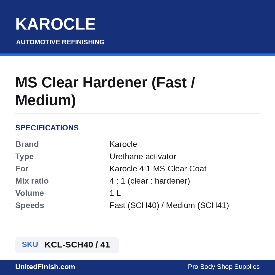 Karocle MS Clear Hardener specifications and SKU