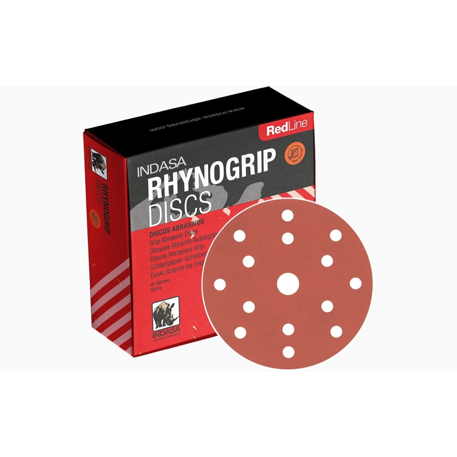 Indasa Rhynogrip Red Line 5in 8-Hole Hook Loop Sanding Discs by INDASA | UnitedFinish.com