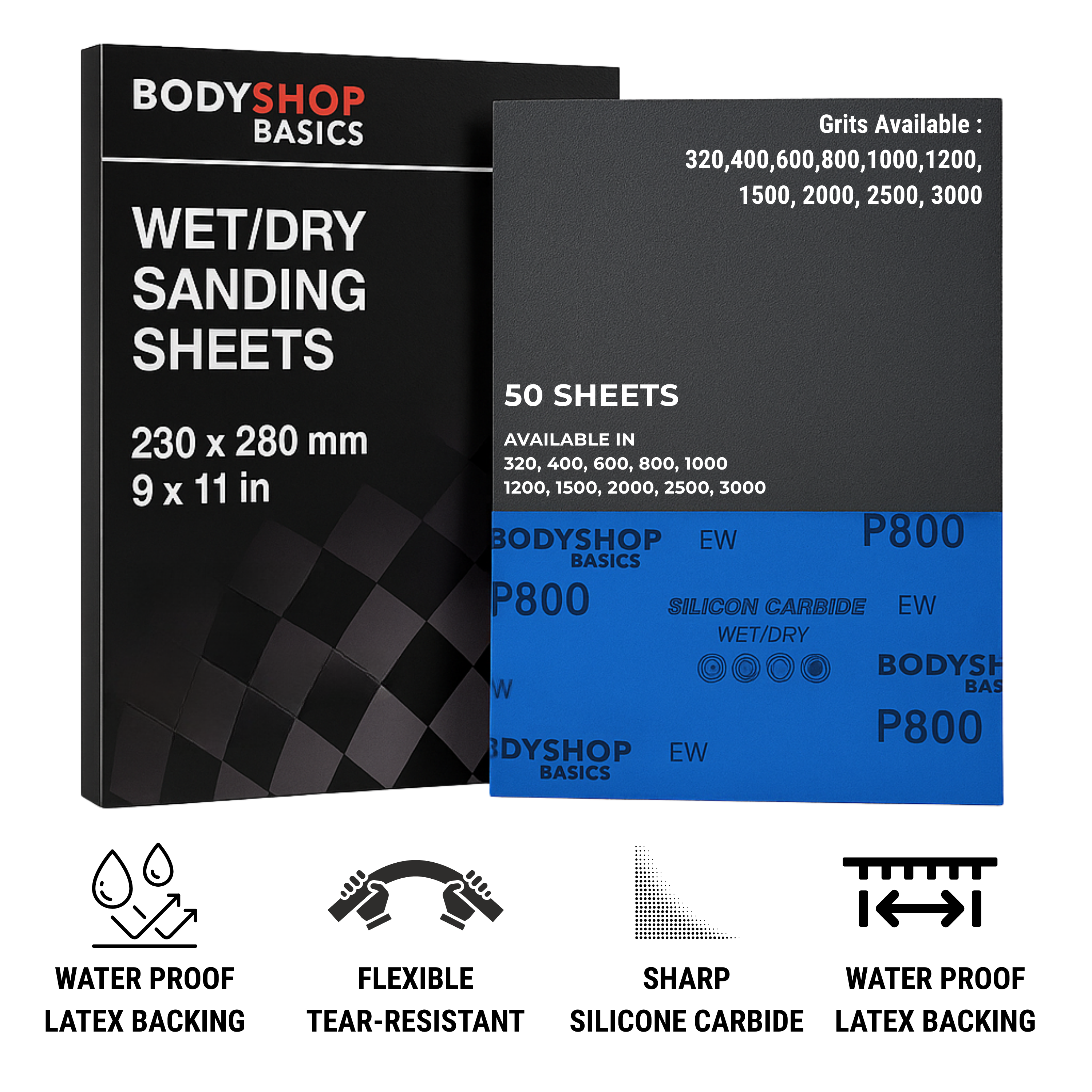 Wet/Dry Sanding Sheets – 9"x11" – Fine Grit (320 to 3000) | Waterproof Latex Backed | Aluminum Oxide & Silicon Carbide | Auto Body, Wood, Metal Finishing