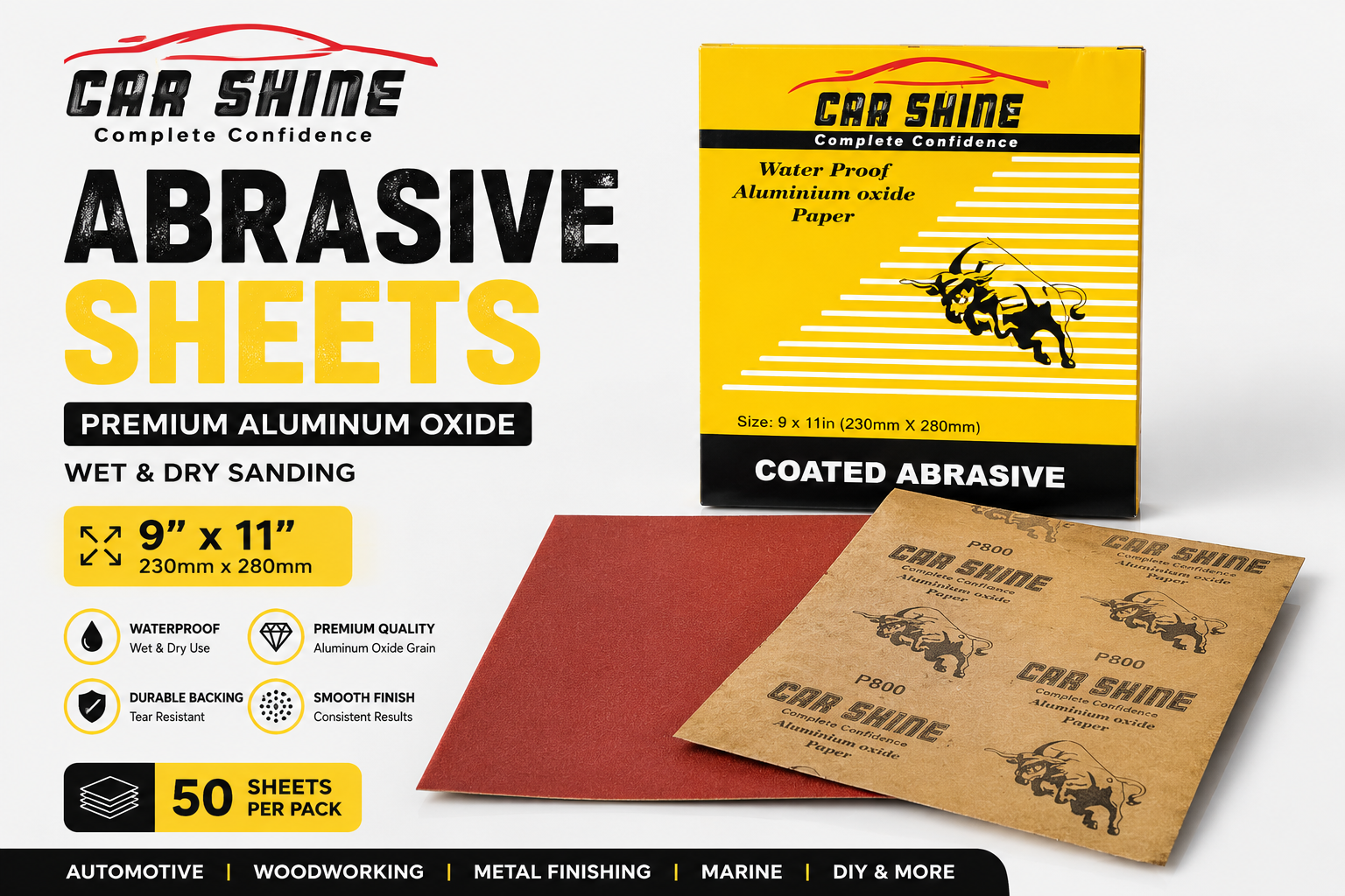 Car Shine Waterproof Abrasive Sheets 9" x 11" – Premium Aluminum Oxide Sandpaper for Wet & Dry Sanding – Automotive, Wood & Metal Finishing – 50 Sheets/Pack – Multiple Grits