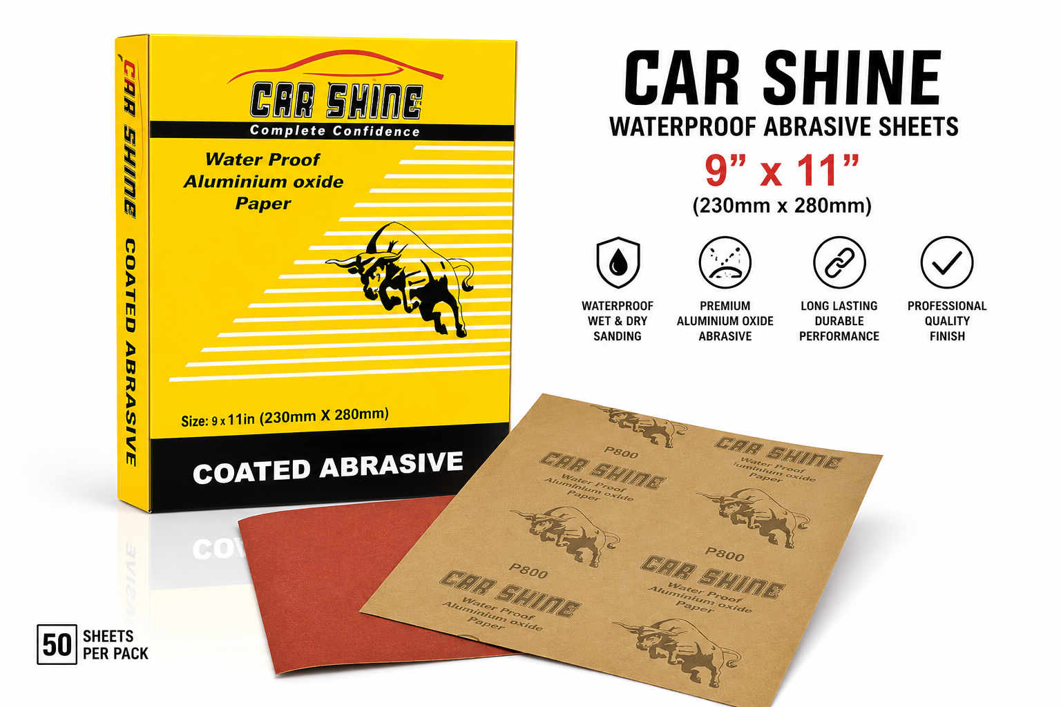 Car Shine Waterproof Abrasive Sheets 9" x 11" – Premium Aluminum Oxide Sandpaper for Wet & Dry Sanding – Automotive, Wood & Metal Finishing – 50 Sheets/Pack – Multiple Grits