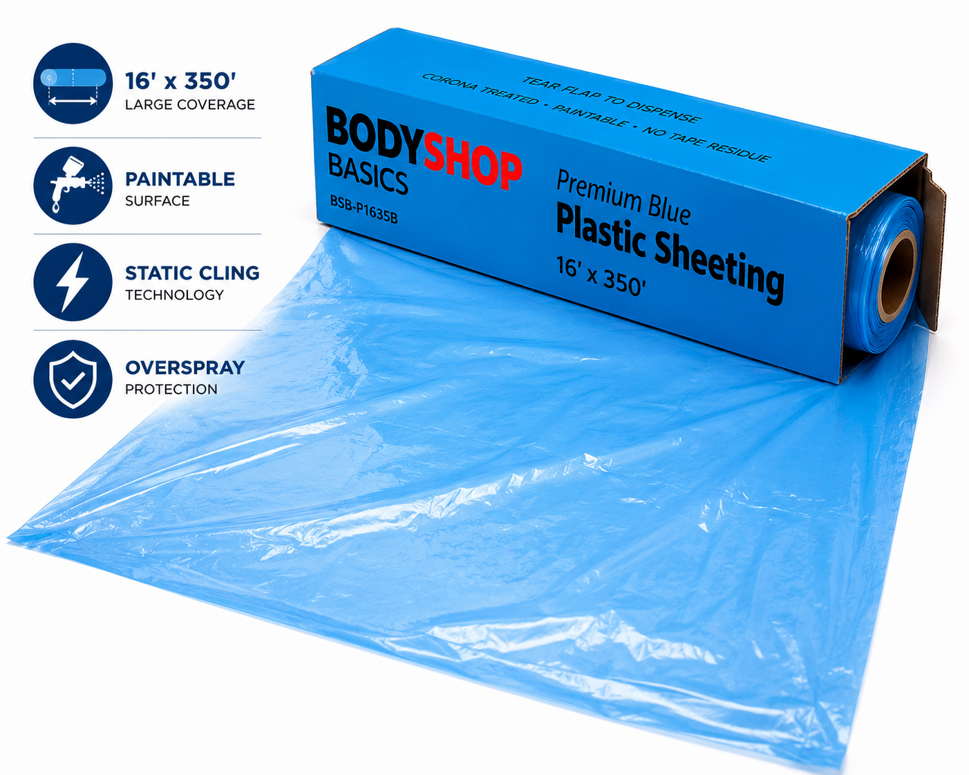 BodyShop Basics Premium Blue Plastic Sheeting 16 ft x 350 ft – Automotive Paint Masking Film for Collision Repair & Refinishing,BSB-P1635B