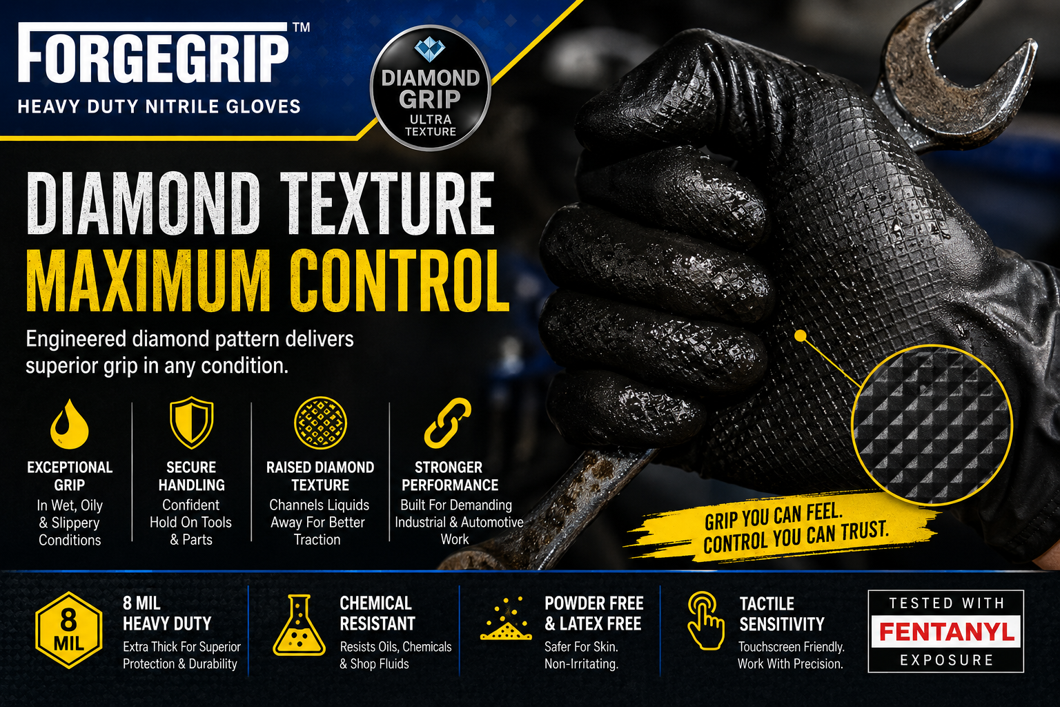 FORGEGRIP™ 8 Mil Heavy Duty Black Nitrile Gloves – Diamond Grip – Powder Free – 100 Count