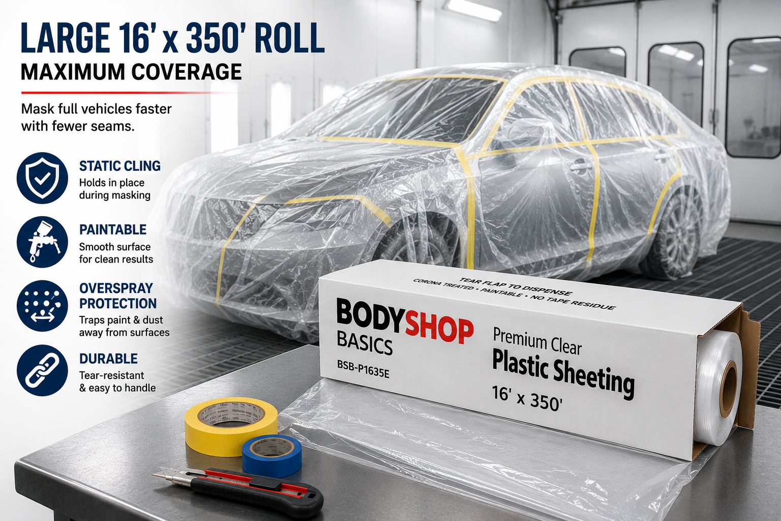 BodyShop Basics Premium Clear Plastic Sheeting 16 ft x 350 ft – Automotive Paint Masking Film for Collision Repair & Refinishing,BSB-P1635E