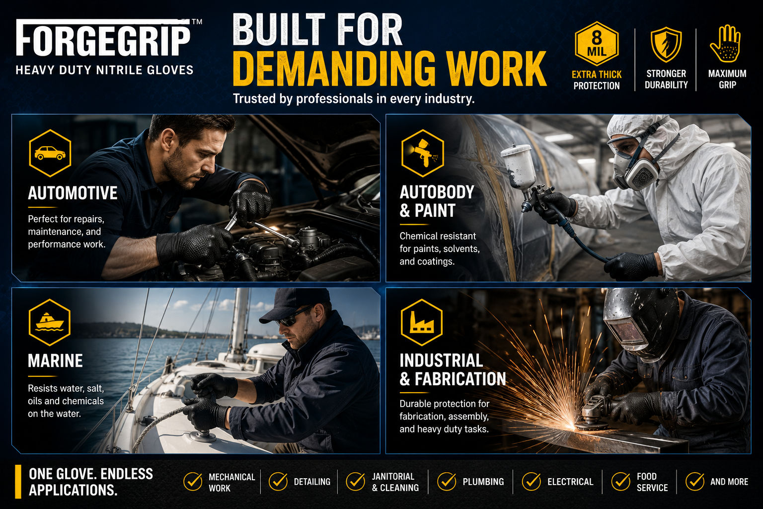 FORGEGRIP™ 8 Mil Heavy Duty Black Nitrile Gloves – Diamond Grip – Powder Free – 100 Count