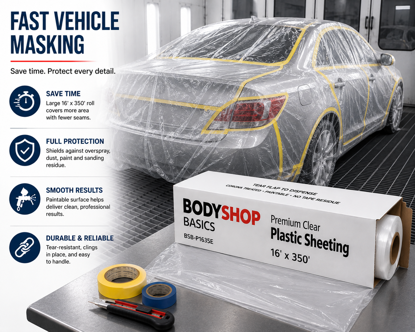BodyShop Basics Premium Clear Plastic Sheeting 16 ft x 350 ft – Automotive Paint Masking Film for Collision Repair & Refinishing,BSB-P1635E