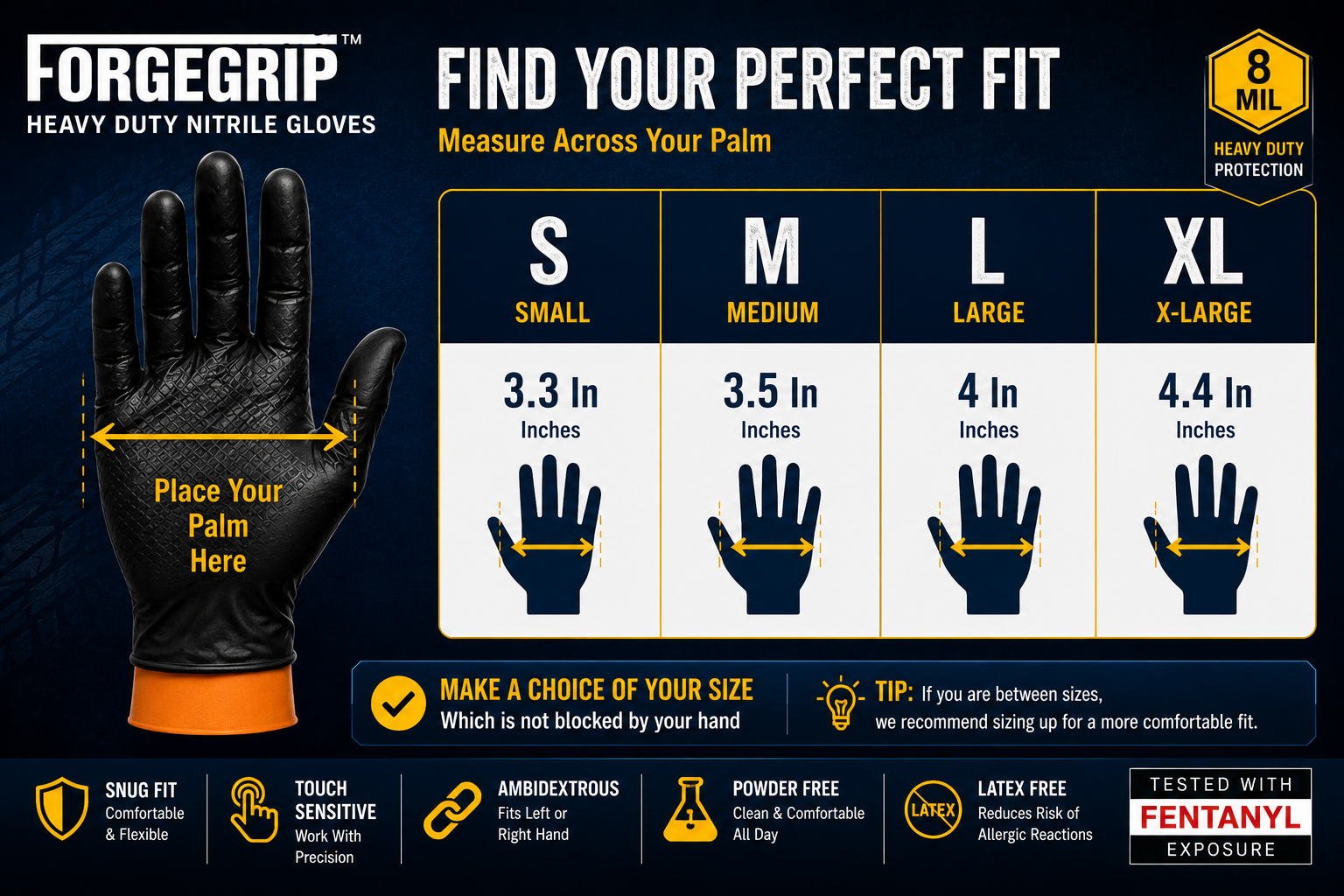 FORGEGRIP™ 8 Mil Heavy Duty Black Nitrile Gloves – Diamond Grip – Powder Free – 100 Count