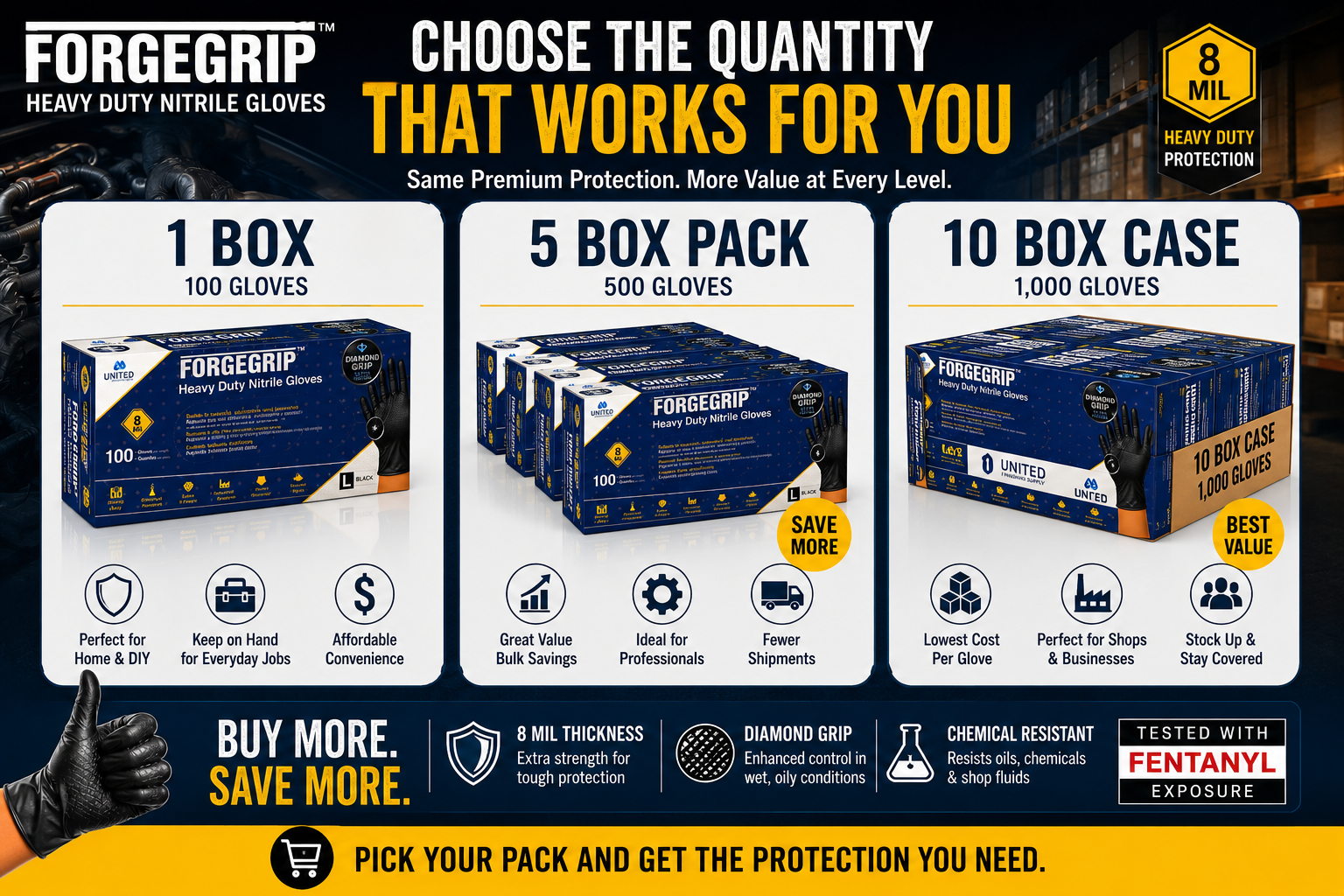FORGEGRIP™ 8 Mil Heavy Duty Black Nitrile Gloves – Diamond Grip – Powder Free – 100 Count