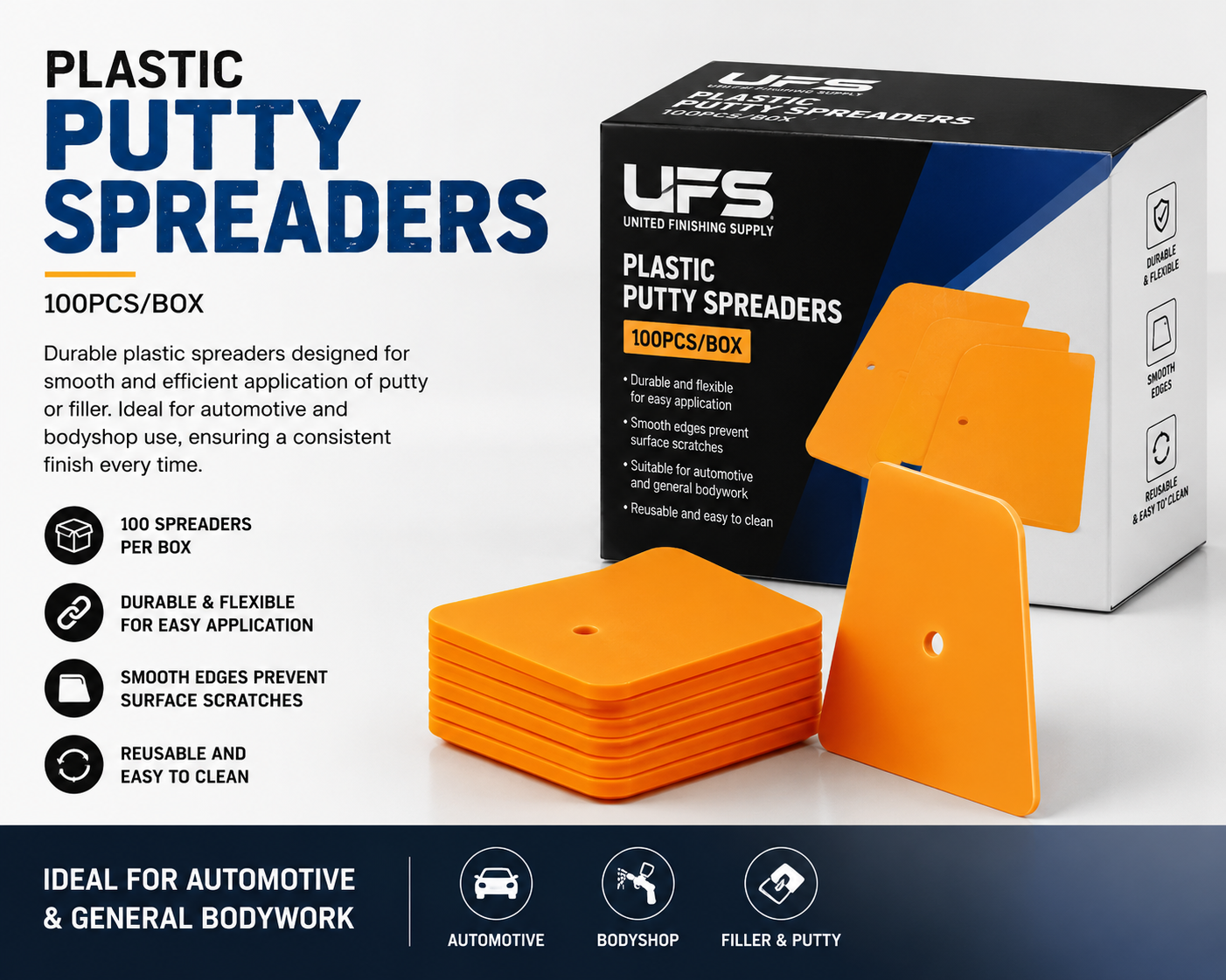 Plastic Putty Spreaders 100 pcs/Box – Flexible Body Filler & Glaze Applicators (4" / 5" / 6")