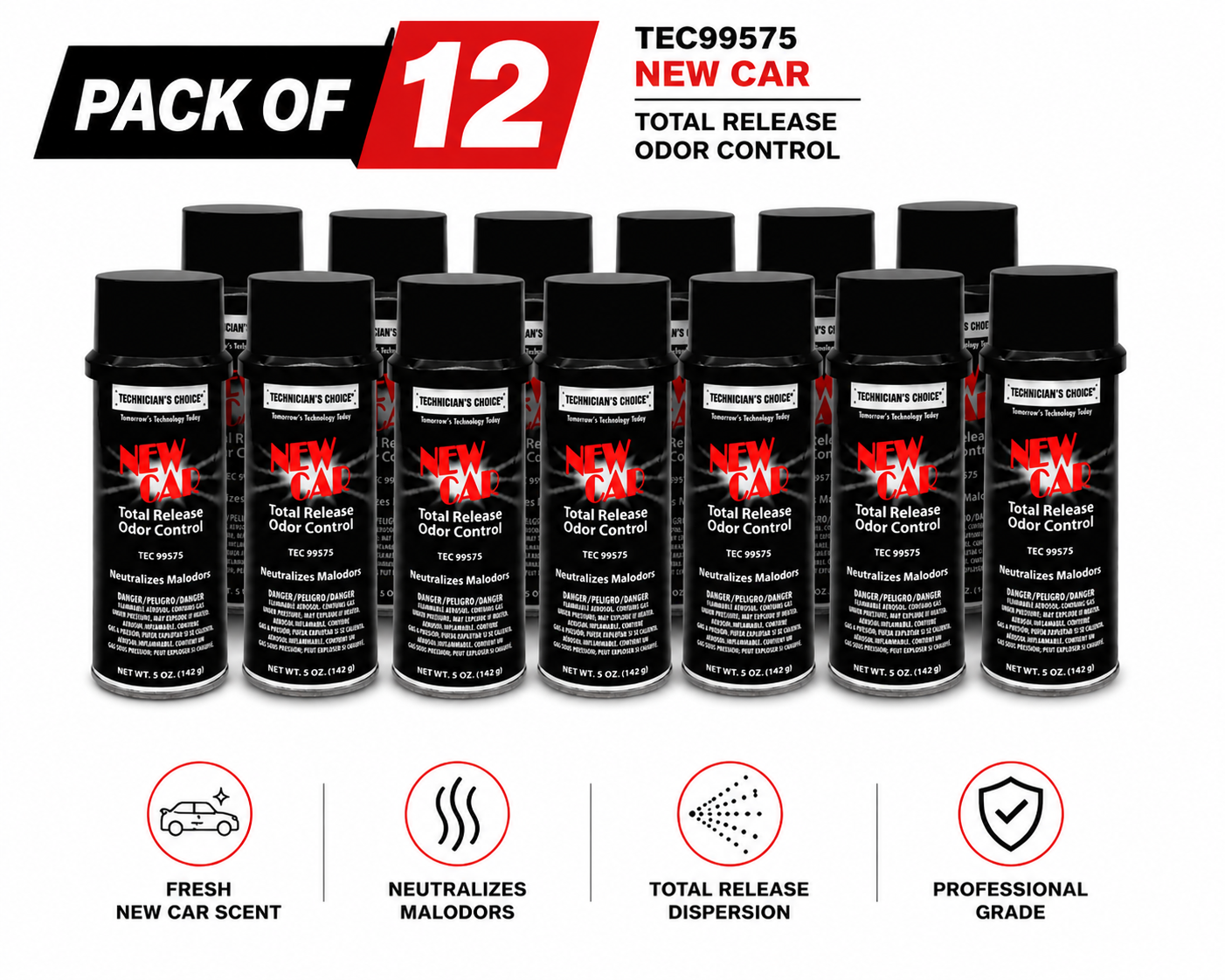 Technicians Choice TEC99575 New Car Aero Bomb Total Release Odor Control – 5 oz Automotive Air Freshener & Odor Eliminator, Case of 12