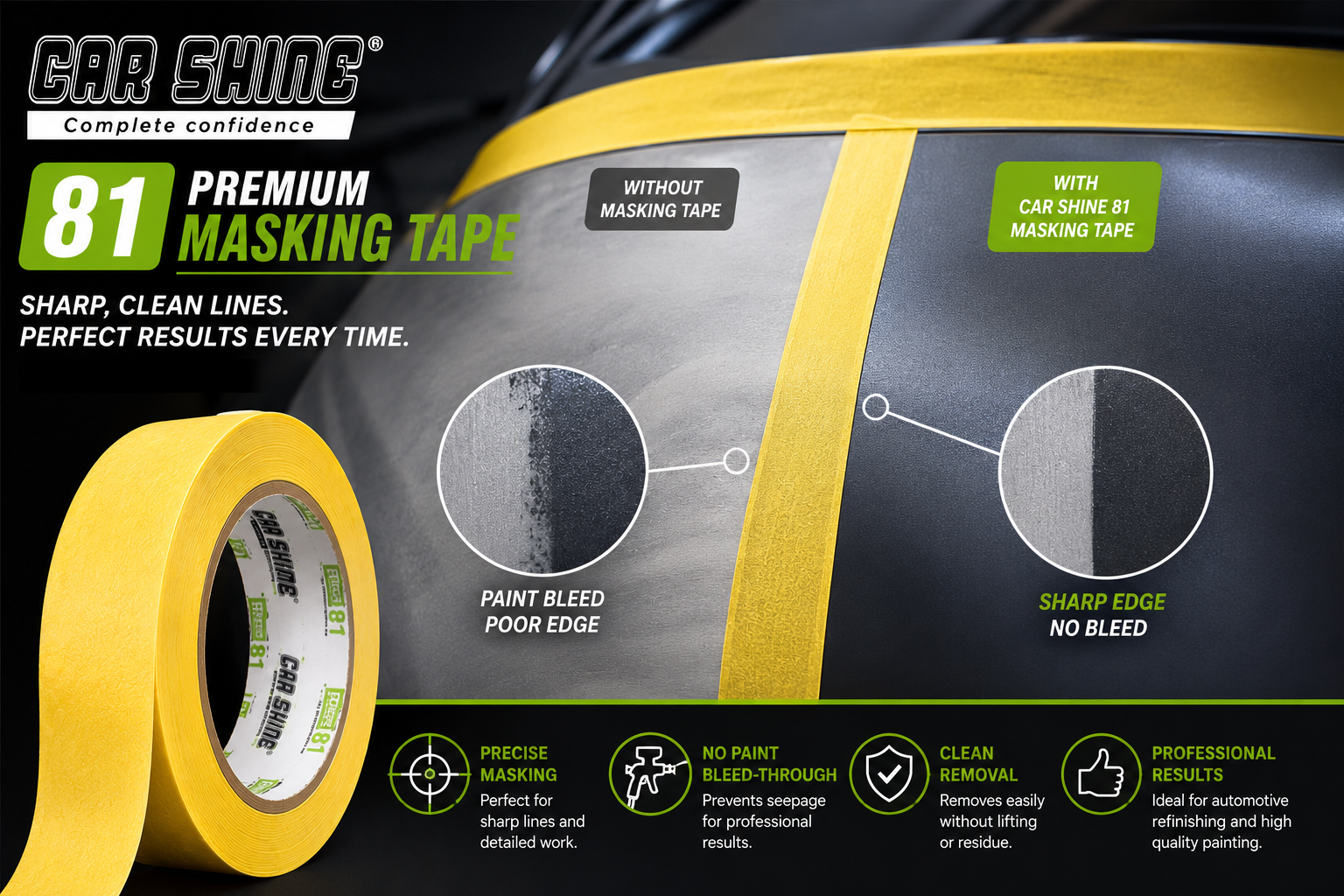 Car Shine 81 Premium Automotive Masking Tape – UV Resistant, Waterproof Crepe Paper Tape, Clean Removal, Professional Refinish & Paint Masking,, 8121