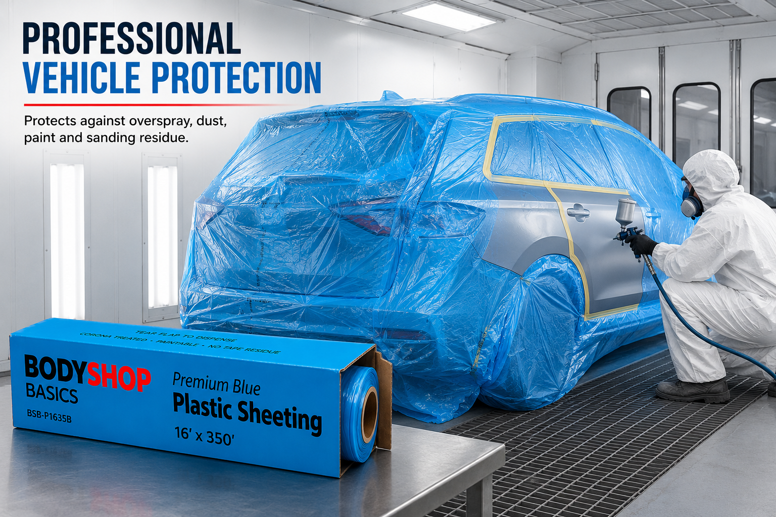 BodyShop Basics Premium Blue Plastic Sheeting 16 ft x 350 ft – Automotive Paint Masking Film for Collision Repair & Refinishing,BSB-P1635B