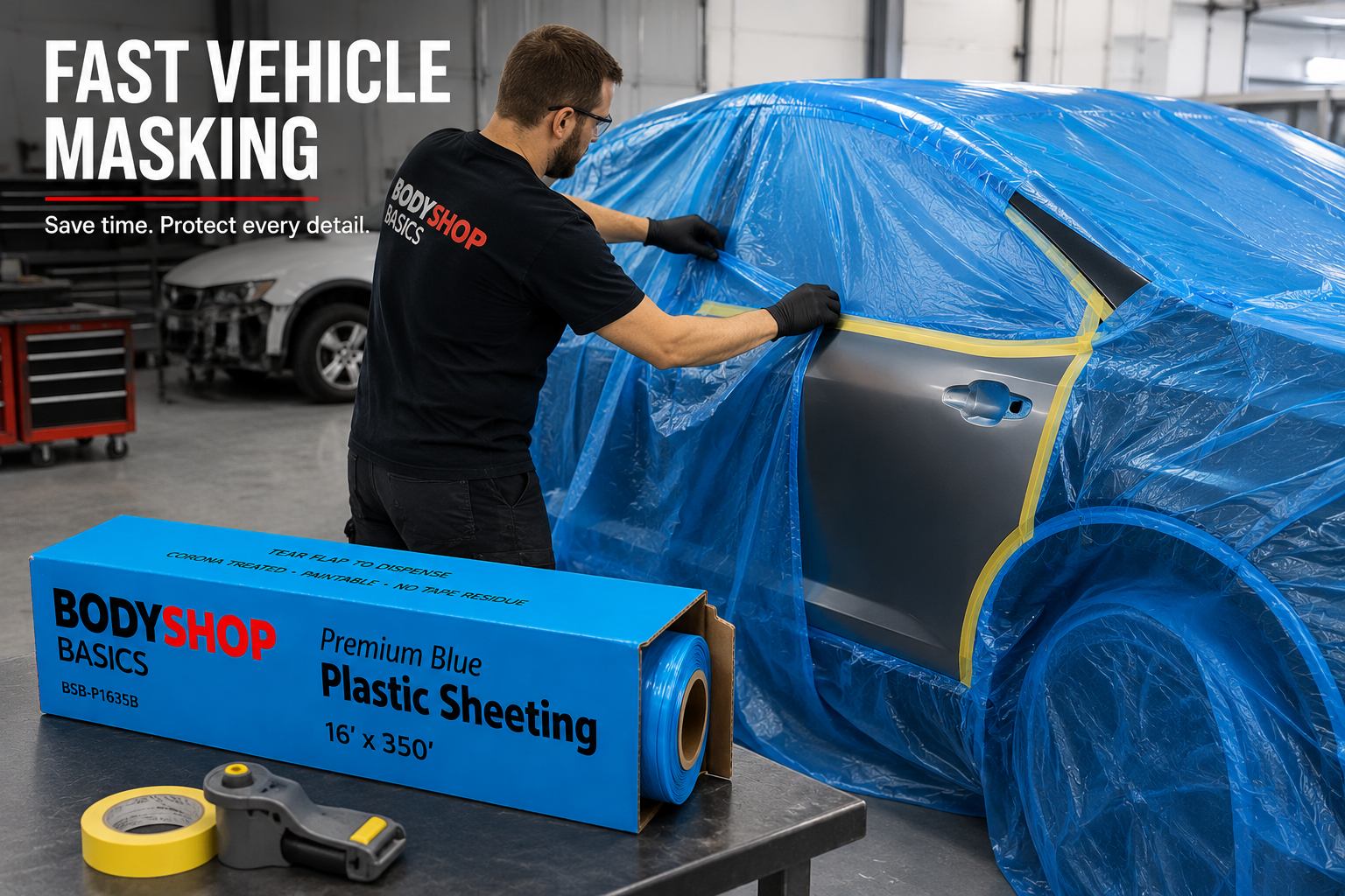 BodyShop Basics Premium Blue Plastic Sheeting 16 ft x 350 ft – Automotive Paint Masking Film for Collision Repair & Refinishing,BSB-P1635B