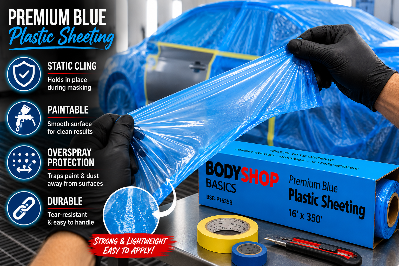BodyShop Basics Premium Blue Plastic Sheeting 16 ft x 350 ft – Automotive Paint Masking Film for Collision Repair & Refinishing,BSB-P1635B