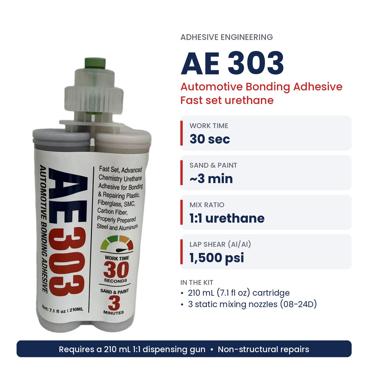 Adhesive Engineering AE 303 Automotive Bonding Adhesive, 30-Second Fast Set – 210 mL Kit with 3 Mixing Nozzles